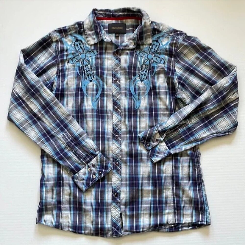 Cross embroidery Plaid Cotton Shirt size XL